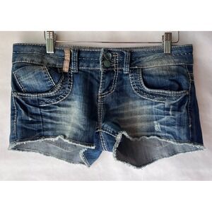 Vanilla Star Denim Shorts Size 7 Blue Distressed Frayed Hem Y2K Western